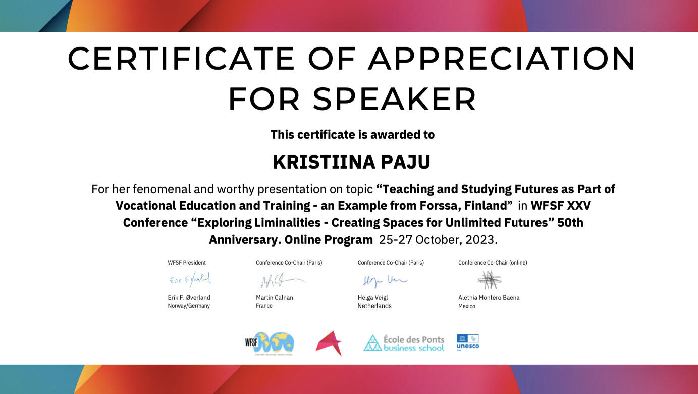 Certificate of Appreciation For Speaker WFSF XXV Conference 2023